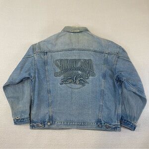 Tyca Mens Vintage Made In USA Denim Blue Jeans Jacket Large Saratoga Race Course